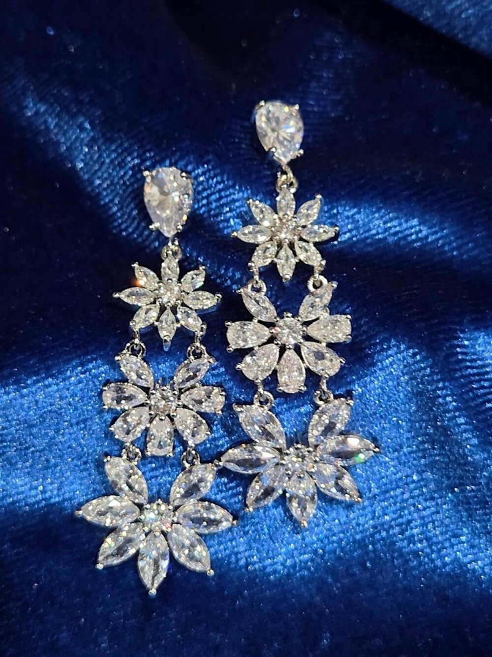 Beautiful Marquise Cluster Flower Shape Cubic Zirconia Long Dangle Drop Earrings